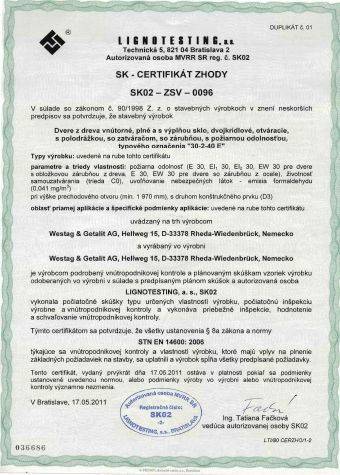 EI30-1-40 / SK - CERTIFIKÁT ZHODY SK02-ZSV-0096