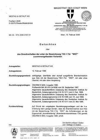 Gutachten T30-1-Tür &quot;WST&quot; (MA 39-VFA 2000-0167.01)
