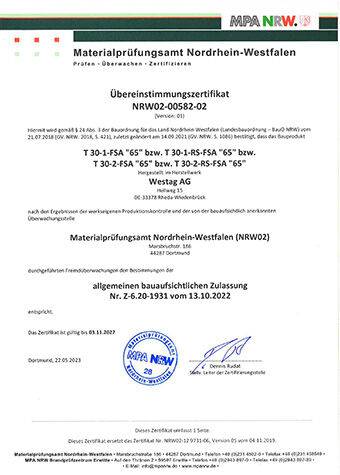 <p><strong>T30-1-65 /T30-2-65 (Z-6.20-1931) Übereinstimmungs-<br /> zertifikat</strong></p>