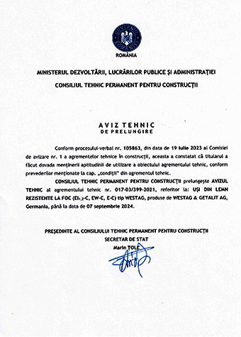 <p>Agrement Tehnic Nr. 017-03/399-2021</p>