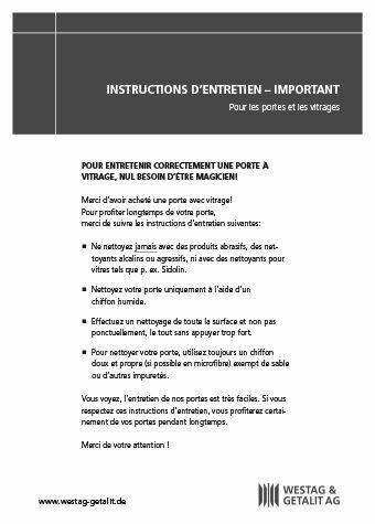instructions d´entretien pour les portes et les vitrages Instructions d’entretien Verglasung