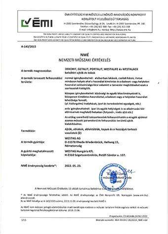 <p>NMÉ A-143/2015 Beltéri ajtók/tokok (Innentüren)</p>