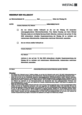 <p>Widerruf der Vollmacht an die Stimmrechtsvertreter<br />  <br /> &nbsp;</p>