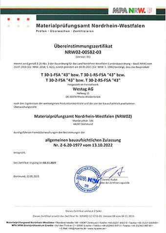 <p>T30-1-43 / T30-2-43 (Z-6.20-1977) Übereinstimmungs-<br /> zertifikat</p>