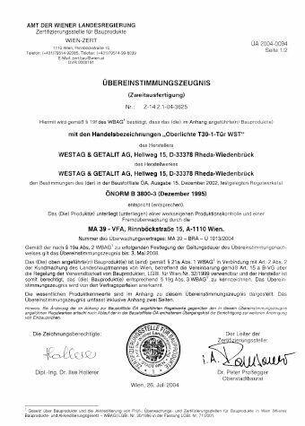 Übereinstimmungszeugnis Z-14.2.1-04-3625 (Oberlichte T30-1-Tür WST)
