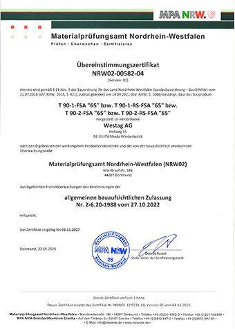 <p>T90-1-65 / T90-2-65 (Z-6.20-1988) Übereinstimmungs-<br /> zertifikat</p>