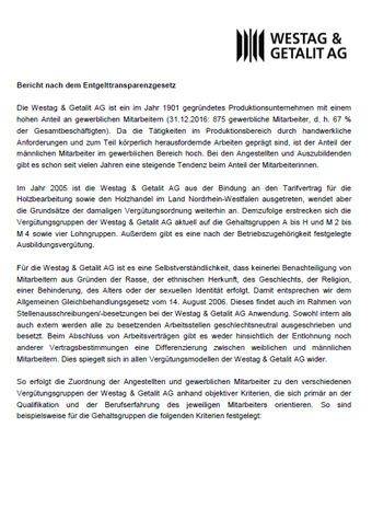 Bericht nach dem Entgelttransparenzgesetz