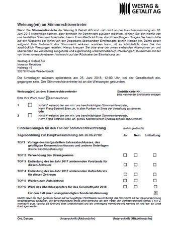 Vollmachtsformular Westag AG 2018