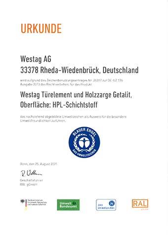 <p>Blauer Engel&nbsp;Getalit (Türelement und Holzzarge)</p>