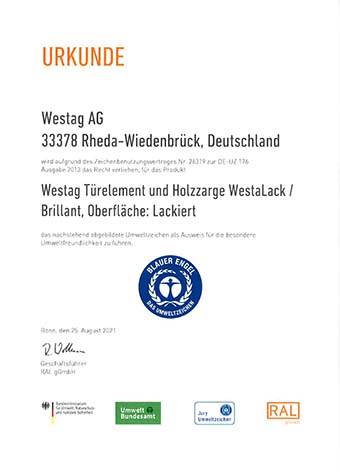 <p>Blauer Engel&nbsp;Westalack (Türelement und Holzzarge)</p>