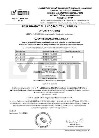 <p>TELJESITMÉNY ÁLLANDÓSÁGI TANÚSÍTVÁNY 20-CPR-4 Ei30-40 / Ei30-43</p>