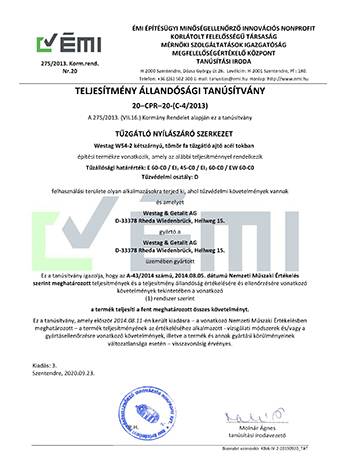 <p>TELJESITMÉNY ÁLLANDÓSÁGI TANÚSÍTVÁNY 20-CPR-20 Ei60-2-54</p>