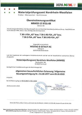 <p>T30-1-43 / T30-2-43 (Z-6.20-1977) Übereinstimmungs-<br /> zertifikat</p>