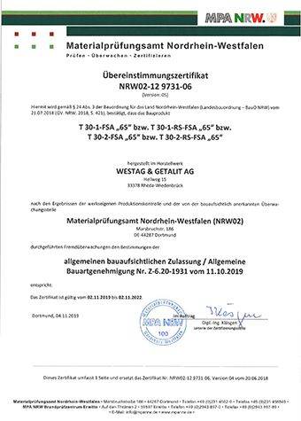 <p><strong>T30-1-65 /T30-2-65 (Z-6.20-1931) Übereinstimmungs-<br /> zertifikat</strong></p>
