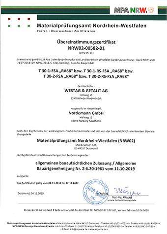 <p>T30-1-RA68 / T30-2-RA68 (Z-6.20-1961) Übereinstimmungs-<br /> zertifikat</p>
