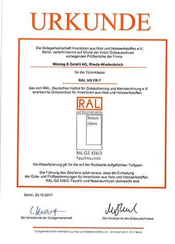 <p>RAL GZ 426/3 (Feuchtraumtür II - Beanspruchungsgruppe S)</p>