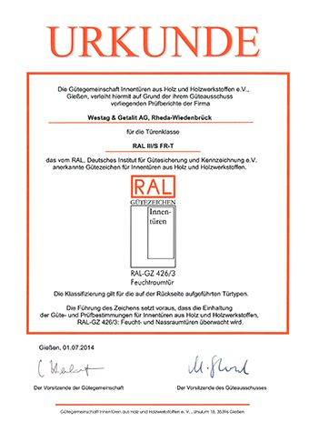 <p>RAL GZ 426/3 (Feuchtraumtür III&nbsp;- Beanspruchungsgruppe S)</p>