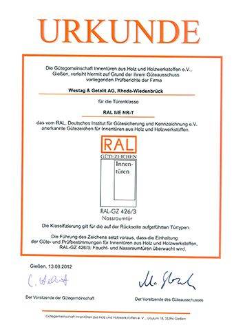<p>RAL GZ 426/3 (Nassraumtür II&nbsp;- Beanspruchungsgruppe E)</p>
