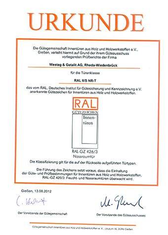 <p>RAL GZ 426/3 (Nassraumtür II&nbsp;- Beanspruchungsgruppe S)</p>