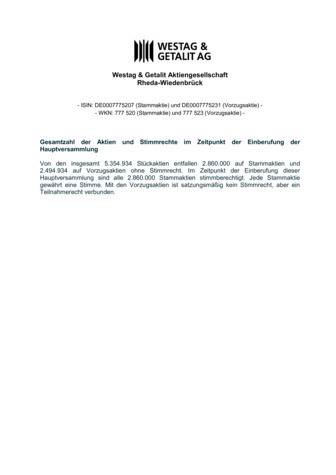 <p>Gesamtzahl der Aktien und Stimmrechte im Zeitpunkt der Einberufung</p>